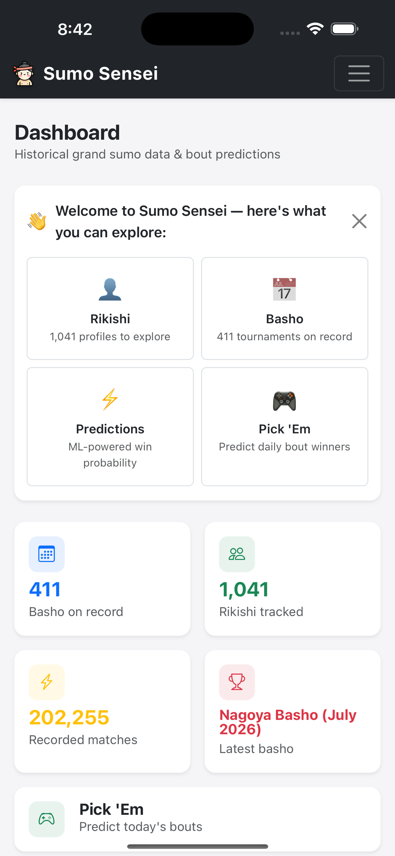 Sumo Sensei iOS app dashboard screenshot