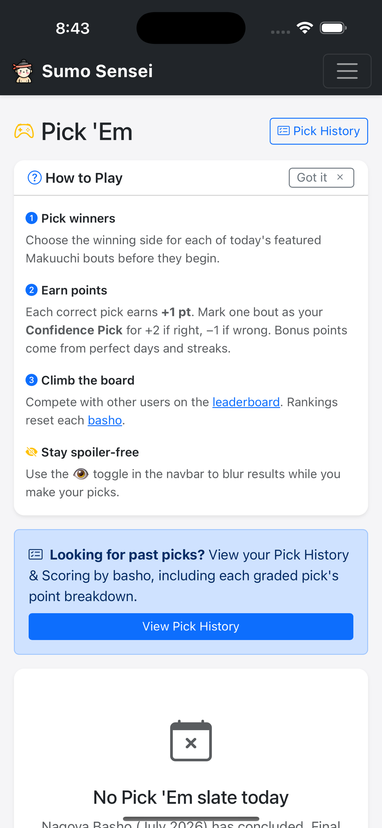 Sumo Sensei iOS app Pick 'Em screenshot